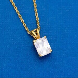 18 inch, Vintage Art Deco Geometric Square Clear Gem Gold Tone Necklace - D44